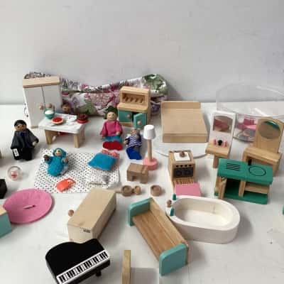 wooden doll house furniture and dolls -assorted 