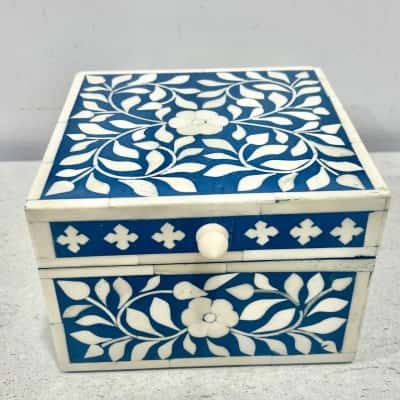 Indian Bone Inlay Blue/White Floral Jewellery Trinket Box 