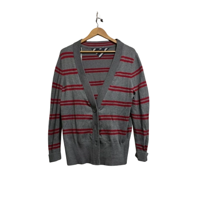 Tommy Hilfiger,Womens, Size XXL, deep V cut button up knitted grey with red stripes cardigan