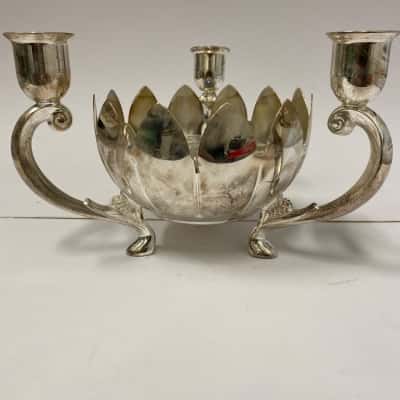 Vintage Silver Plate Centerpiece - Triple Candle Holder on Lotus flower bowI with Frog insert