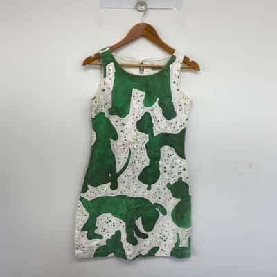 0810 Darwin Green White Pattern Sleeveless Mini Dress Size 7 