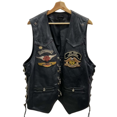 Airborne Customised Leather Biker Vest With Harley Davidson Patches - Size XXL