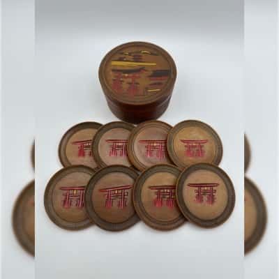 Set of 8 Asian Wooden Coasters