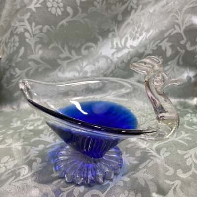 Murano Venetian Cobalt Blue & Clear Bird of Paradise Pedestal Bowl