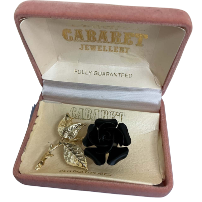  Womens Brooch Black Rose with 9Kt gold plated leaves. 