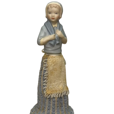 Vintage Ceramic Girl on Wood Stand with Beaded Skirt