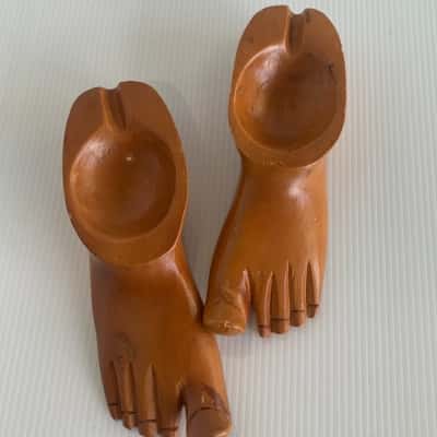 Vintage Mid-Century Hand-Carved Monkey Pod Wood Foot Ashtrays (Matching Pair)