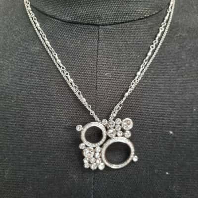 Unusual Silver Toned Pendant with Clear Stones on Double Strand Necklace 