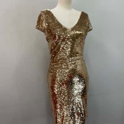 Portmans Womens 2-way Sequins Size 10 Midi Dress Gold / White 