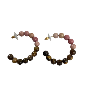 Gemstone Tigers Eyes & Rhodonite Hoop Earrings 