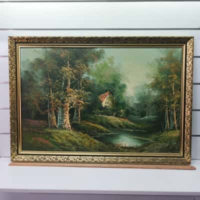Large Vintage Woodland Cottage Oil Painting in Ornate Gold Frame