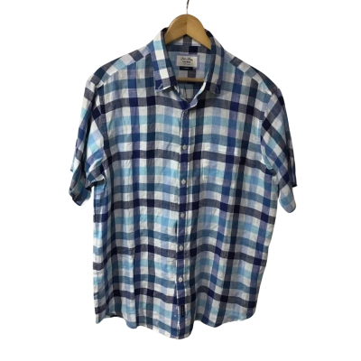 Gazman Mens Size L Navy Blue / White / Pale Blue Checked Linen Short Sleeve Shirt
