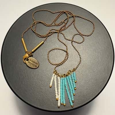 Maison Scotch ball chain Necklace with turquoise & white beaded fringe pendant