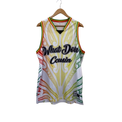 What Doin Cousin Mens  Size L Singlet White Maori Bob Marley