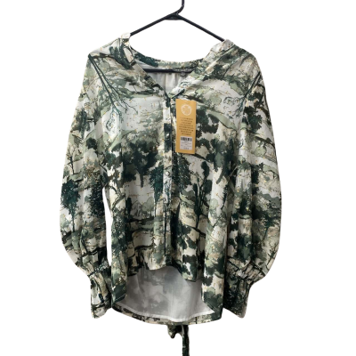 Liz Jordan Womens  Size 12 Green / White Tie Neck Printed Lurex Shirt