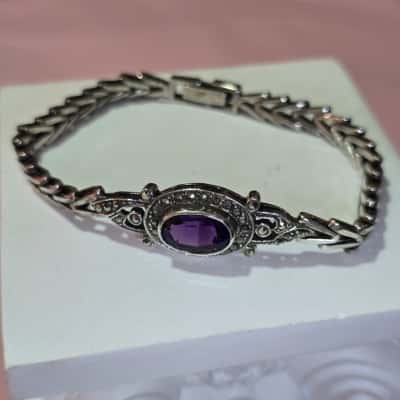 Vintage Sterling Silver Macasite Bracelet - 925 Amethyst 