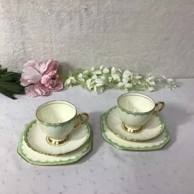 Vintage Plant Tuscan China Cream / Green Pattern 2 x Cups Saucers & Plates 