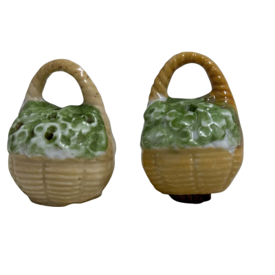 Two Minature Salt and Pepper Shakers. Basket of Flowers. 
