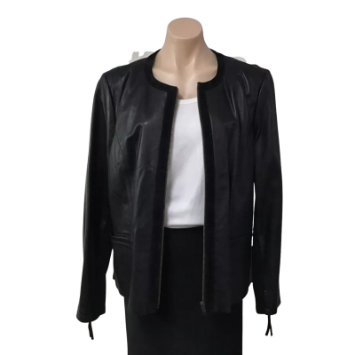 Grace Hill Womens Size 20 Black Leather Zip Front Collarless Jacket 
