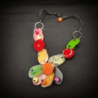Extraordinary Necklace (76cm Long) Of Multi Coloured Acrylic Petals & Woven Discs In Organza Bag - Such A Talking Point