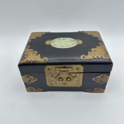 Vintage Wood & Brass Jewelry Box With Stone Inlay