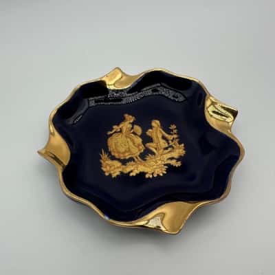 Vintage Limoges French Porcelain Cobalt Blue and Gold Plated Ashtray (Chipped)