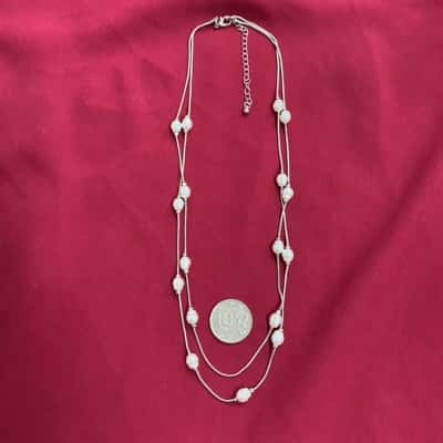  Womens Dual Layer Floating Faux Pearl Necklace on Silver Tone Chain