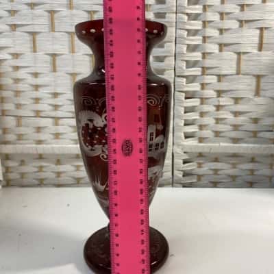 Red Glass Cut To Clear Vase W/ House And Landscape