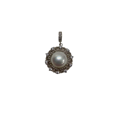 925 Silver Round Shape Pearl Pendant With White Stones
