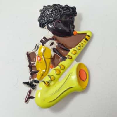 Vintage 1950's Mid Century Retro Novelty Enamel Brooch of a Boy Playing Saxophone 