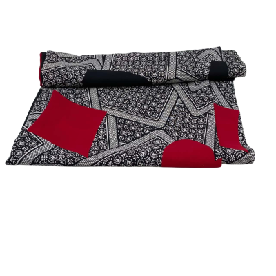 Mixed fibres.  Drapes well.  105 x 200 cm.  Black and white random pattern with maroon patches.  (Fab 1)