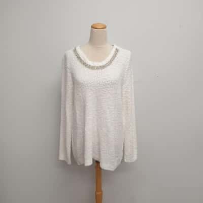 Millers Gorgeous Pearl Lace & Diamante Yoke Embellished /Crew Neck Cream Jumper /Sweater Size XL / 12/14 