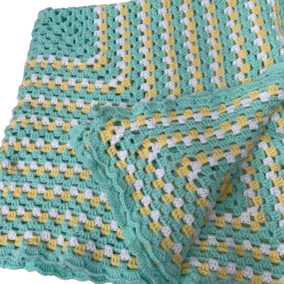 Hand Crocheted Acrylic Throw rug in green, yellow and white.
