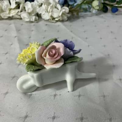Vintage Coalport Bone China White Wheelbarrow Floral Bouquet Ornament