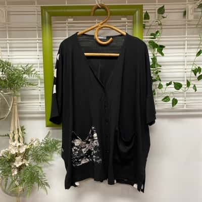 Alembika Womens  Size L Button Up Top Black  / White 
