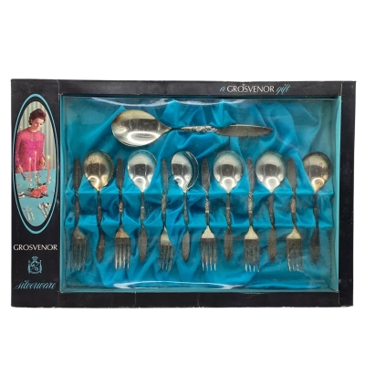 Vintage Grosvenor “Christine” 13 Piece Fruit Set #764,  6 Dessert Fork & Spoon set with Serving Spoon , Stainless Steel, in original box (see description for condition)(BRICA Shelf)