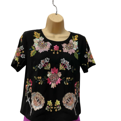  Angeleye Size 10 Sequins Floral Blouse Black  