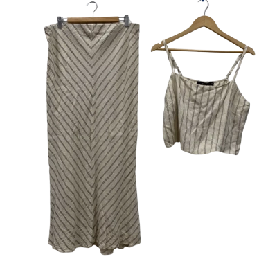Sportsgirl Women's Linen Blend 2 Pieces SET Cropped Top+ Midi Skirt Size 16 Cream / Striped 
