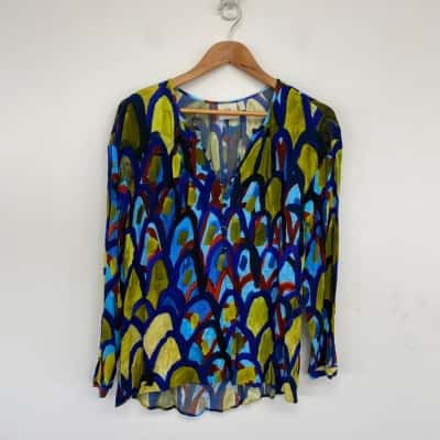 ELK Navy Blue Colourful Pattern Long Sleeve Blouse Top  Size 10 