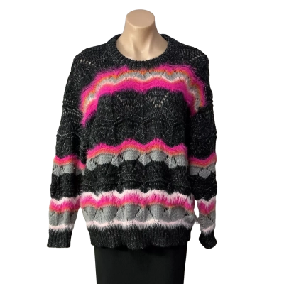 New U Collection Womens Size M Black / Grey / Orange / Pink Pattern Crew Neck Jumper