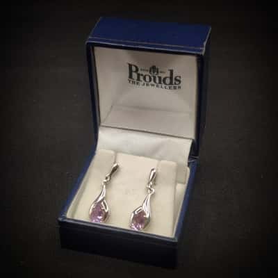 Glorious Gift!  925 Silver Teardrop Earrings With Amethyst Stones In Original Presentation Box