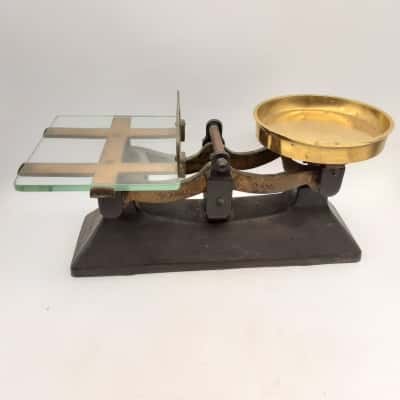 Antique Cast Iron Butchers Scales, with Brass and glass trays