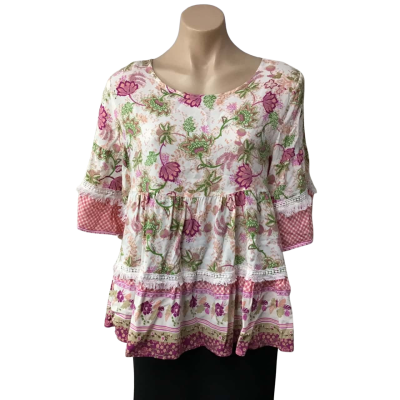 Miracle Womens Size 10 White / Coral / Green / Pink  / Purple Floral Short Sleeve Top