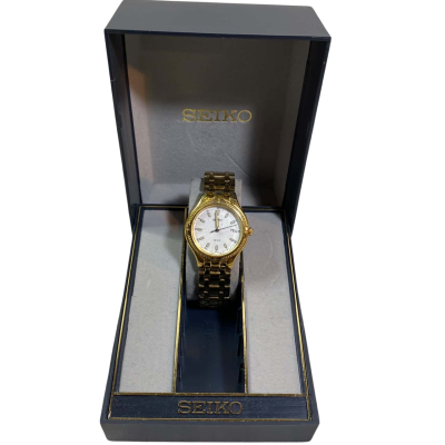 Vintage Womens Seiko SQ50 Gold Plated Watch 3 Hands With Date Windows