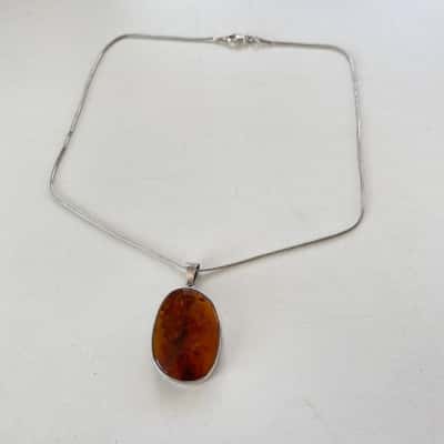 925 Sterling Silver Snake Chain With Amber Pendant Necklace 