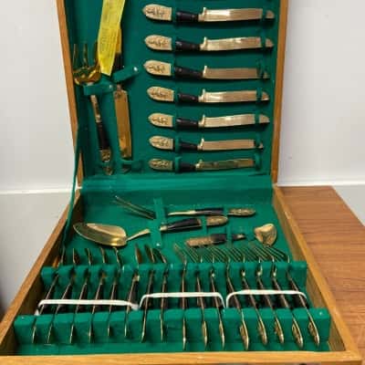 Vintage Thai brass and wood-handed flatwear and cheese/dessert set 29 piece in green-lined wooden box 