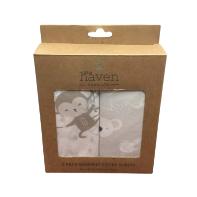Little Haven Organic Cotton 2 Pack Bassinet Fitted Sheets (40cm x 80cm x12cm) 