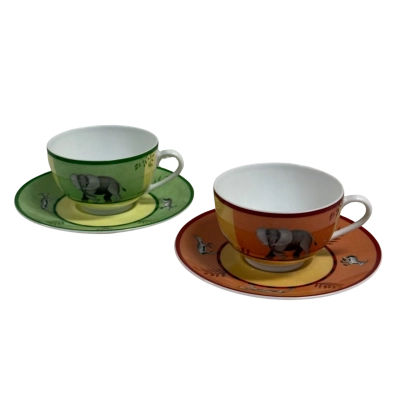 Rare Pair of Hermes France Tea Cup and Saucer Sets - AFRICA COLLECTION