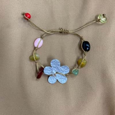  Womens Metallic Flower and Multicoloured Bead Bracelet on Adjustable Cord