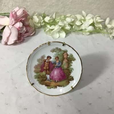 Limoges White / Courting Couple Miniature Porcelain Plate with Wire Stand